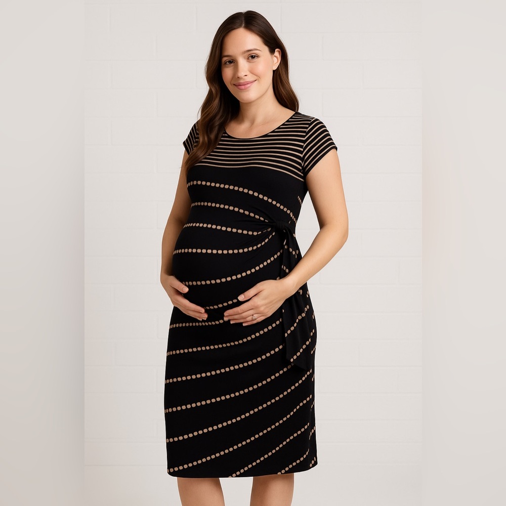 Motherhood Black and Tan Polka Dot Striped Maternity Dress